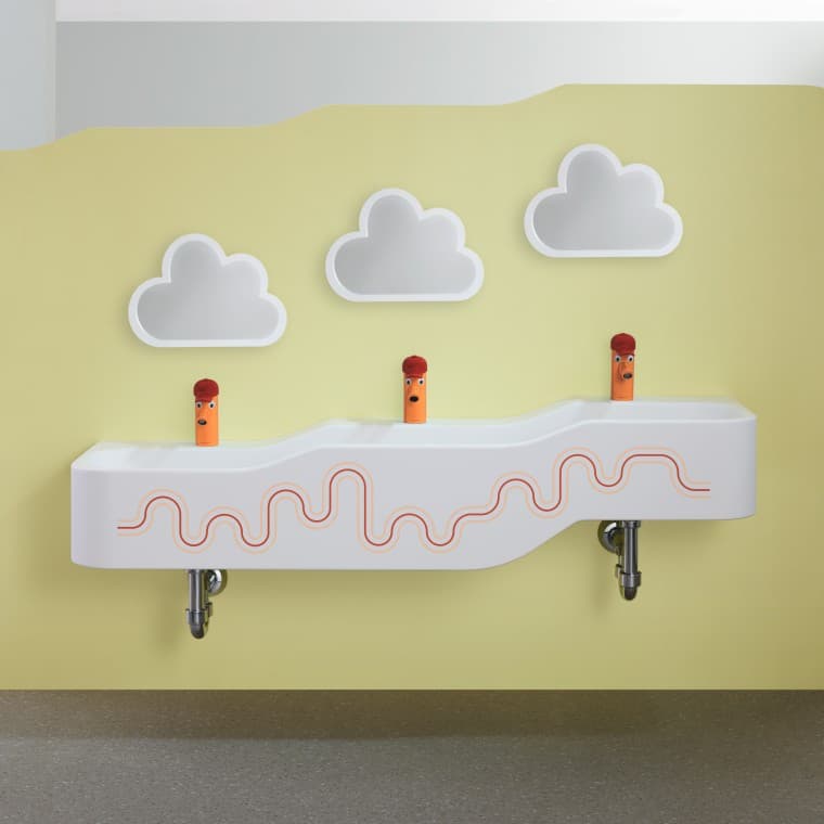 Element za igru i pranje Geberit Bambini u karmin crvenoj i narančastoj boji Element za igru i pranje Geberit Bambini u karmin crvenoj i narančastoj boji